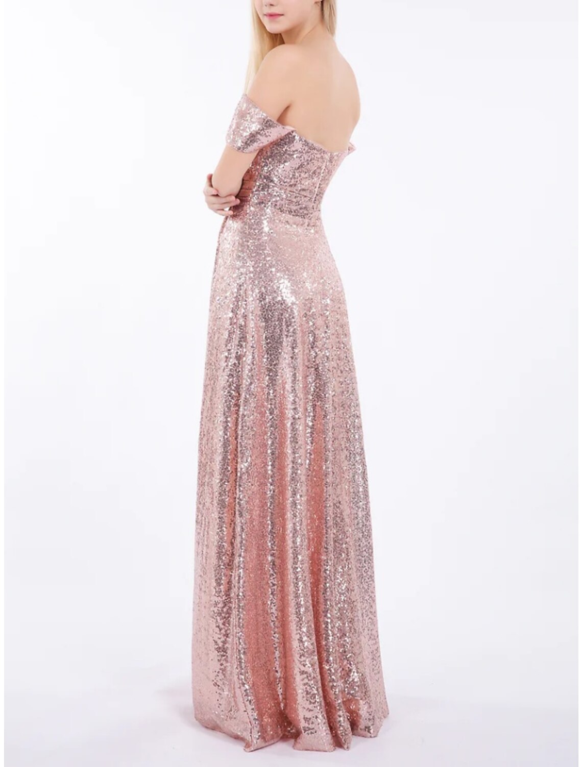 Wholesale A-Line Bridesmaid Dress Off Shoulder Short Sleeve Elegant Floor Length Sequined with Ruching
